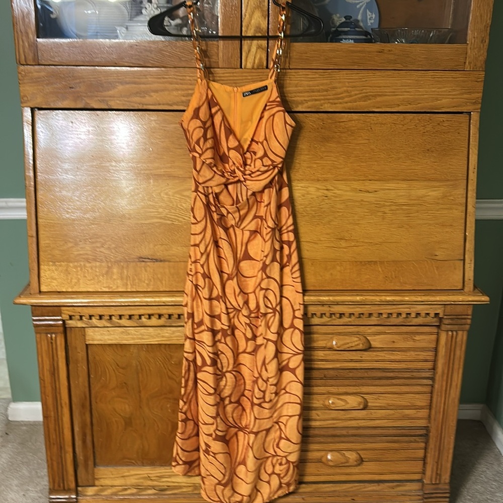 Zara Sleeveless Floral Print Chain Strap Midi Sun Dress - Picture 6 of 16